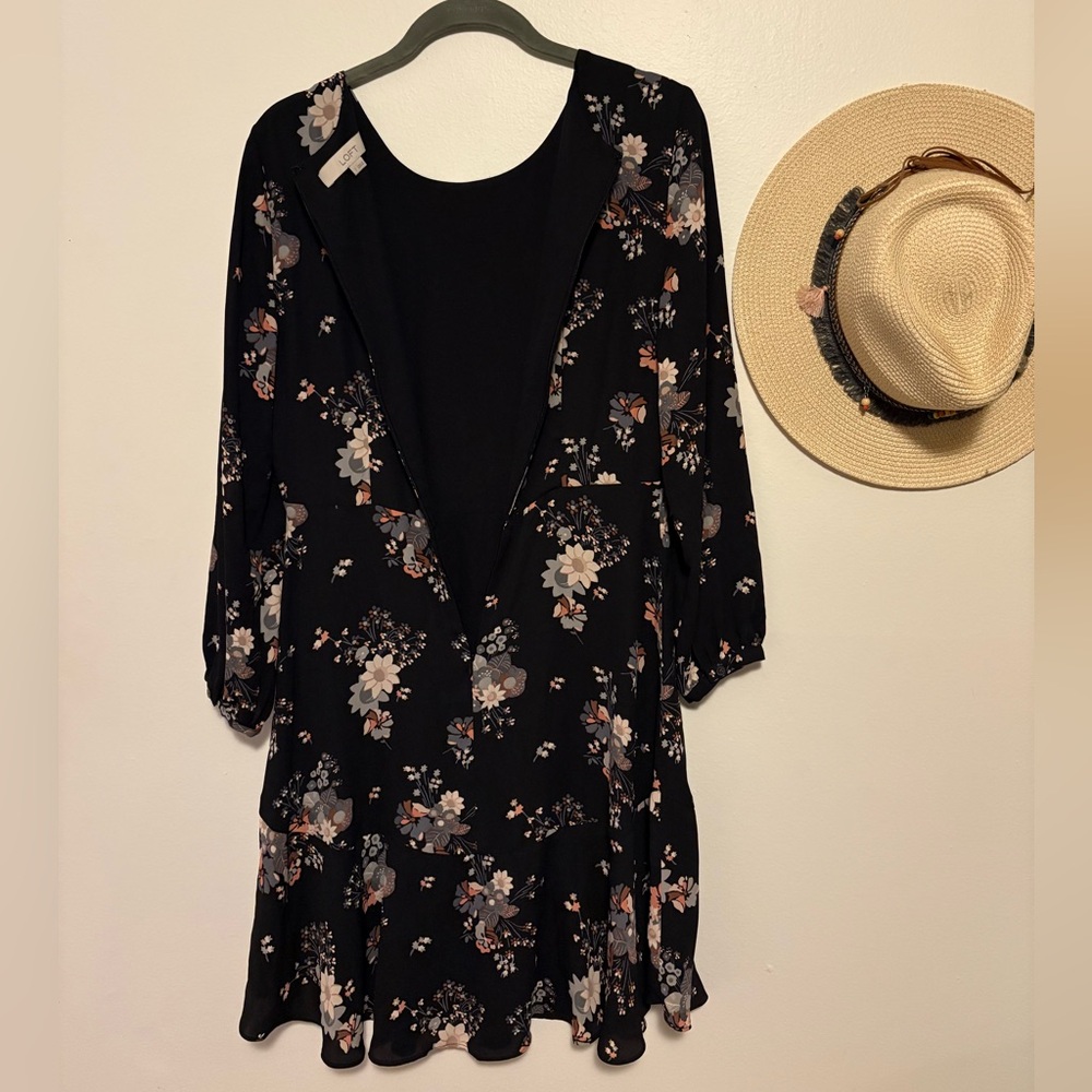 LOFT Black and Pink Floral Long Sleeve Dress - Picture 7 of 7